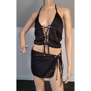 Women's Fashionable Sexy Black Top and Adjustable Skirt Set SL4228‎